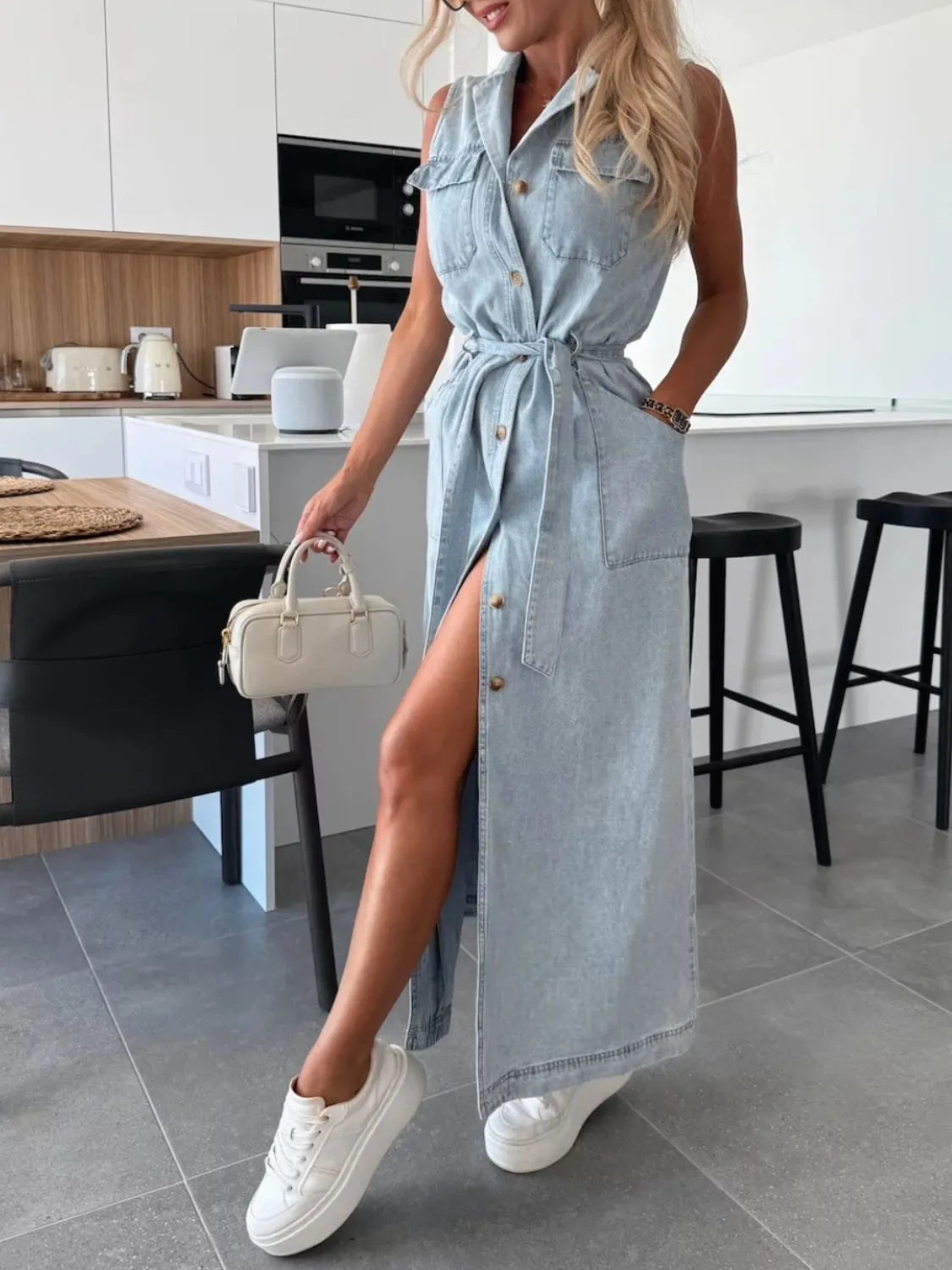 Button Front Sleeveless Denim Dress - Premium Women / Jeans & Denim from Trendsi - Just $51.62! Shop now at Handbags Specialist Headquarter