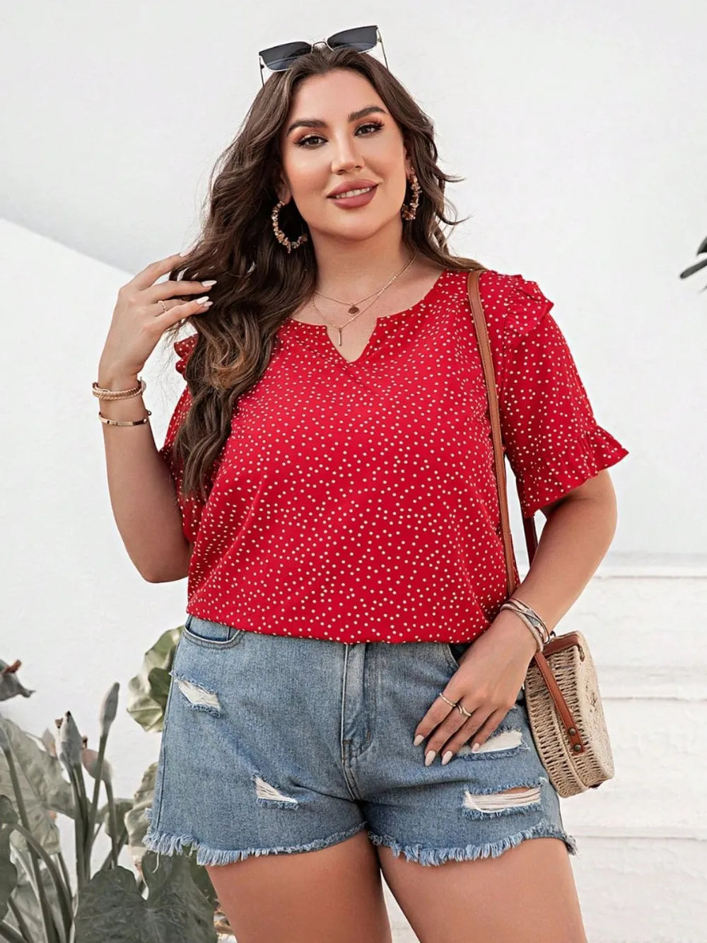 Plus Size Polka Dot Notched Flounce Sleeve Blouse - Premium Plus Size Shirts from Trendsi - Just $21! Shop now at Handbags Specialist Headquarter