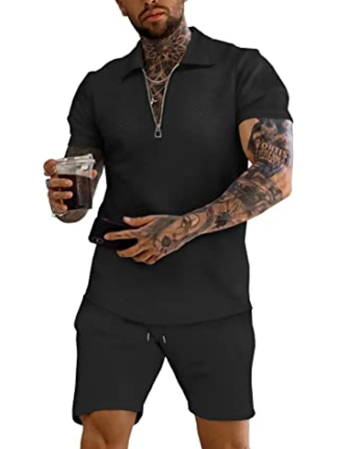Men's Full Size Textured Collared Neck Short Sleeve Top and Shorts Set Plus Size - Premium Men's Pants Set from Trendsi - Just $33.66! Shop now at Handbags Specialist Headquarter
