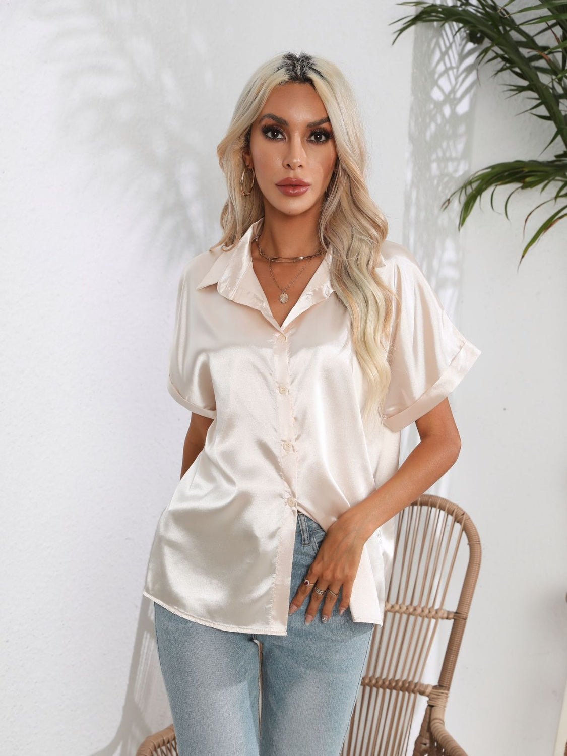 Button Down Collared Neck Short Sleeve Satin Shirt - Premium Women / Tops from Trendsi - Just $18.76! Shop now at Handbags Specialist Headquarter