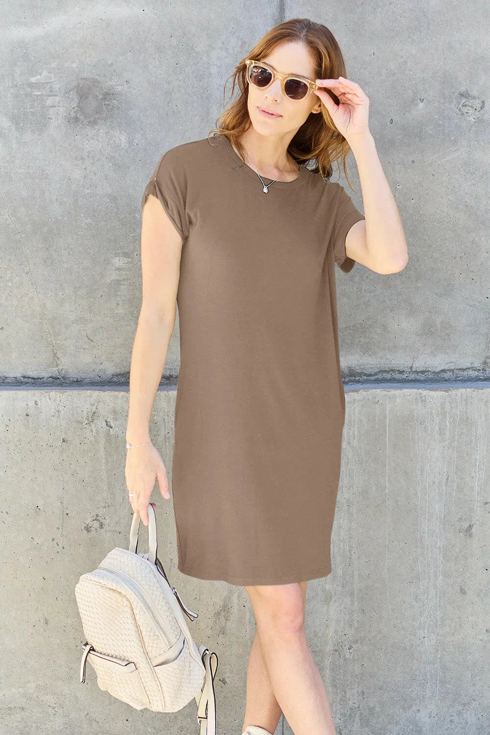 Basic Bae Full Size Round Neck Short Sleeve Dress with Pockets - Premium Dresses from Trendsi - Just $26! Shop now at Handbags Specialist Headquarter