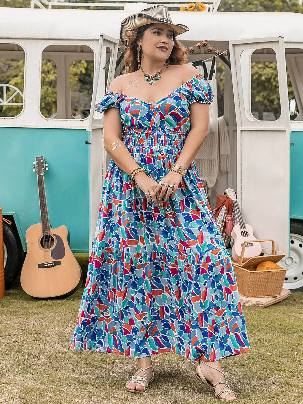 Plus Size Printed Cap Sleeve Dress - Premium Dresses from Trendsi - Just $42.99! Shop now at Handbags Specialist Headquarter