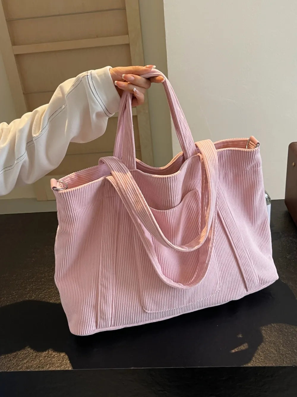 Corduroy Solid Large Tote Bag - Premium Tote Bag from Trendsi - Just $39.99! Shop now at Handbags Specialist Headquarter
