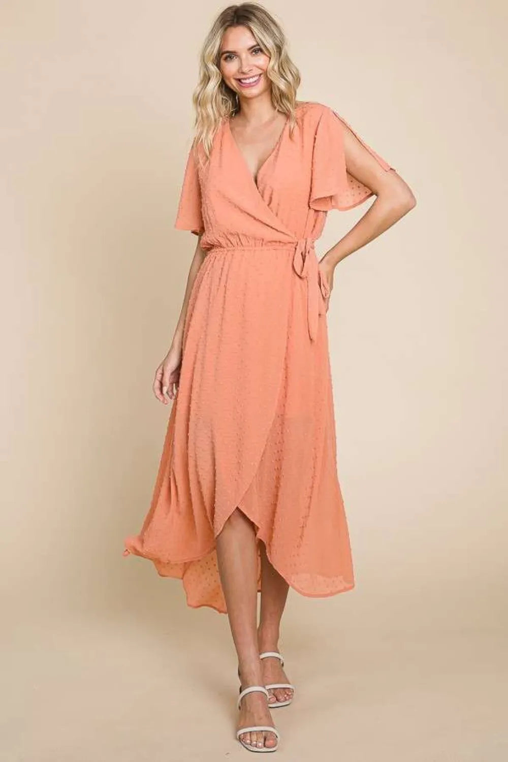 Culture Code Full Size Swiss Dot Tied Slit Short Sleeve Dress - Premium Dresses from Trendsi - Just $49.99! Shop now at Handbags Specialist Headquarter