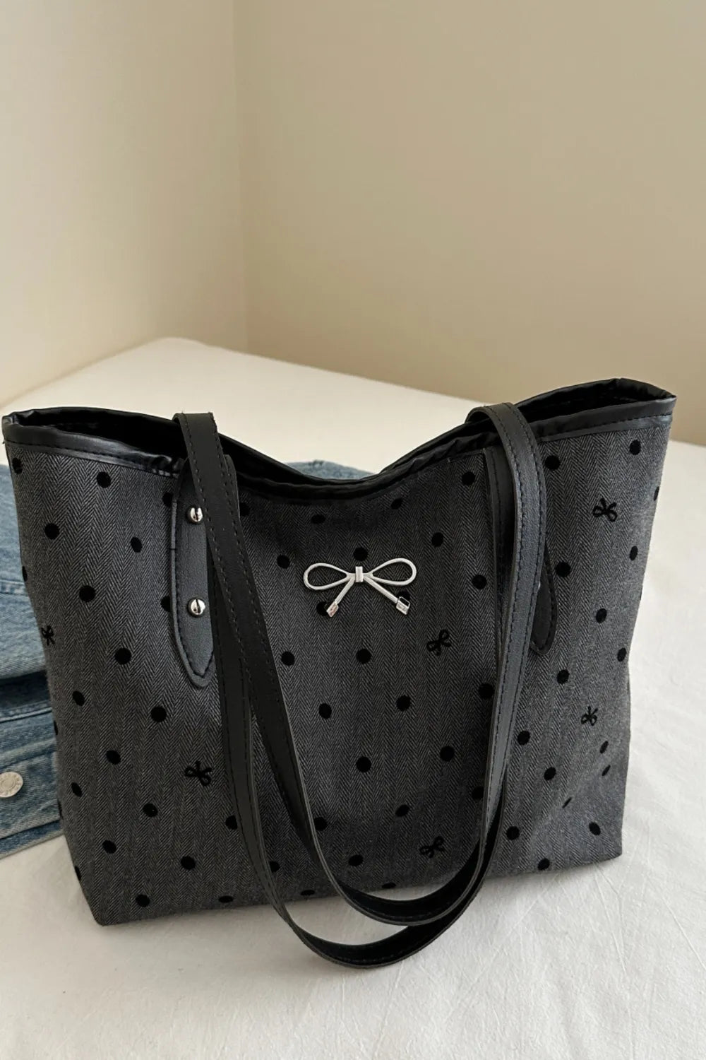 Bow Trim Polyester Tote Bag - Premium Tote Bag from Trendsi - Just $39.99! Shop now at Handbags Specialist Headquarter