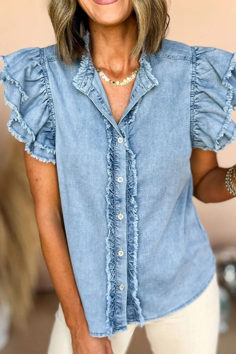 Button Down Raw Hem Ruffled Denim Shirt - Premium Women / Jeans & Denim from Trendsi - Just $43.76! Shop now at Handbags Specialist Headquarter