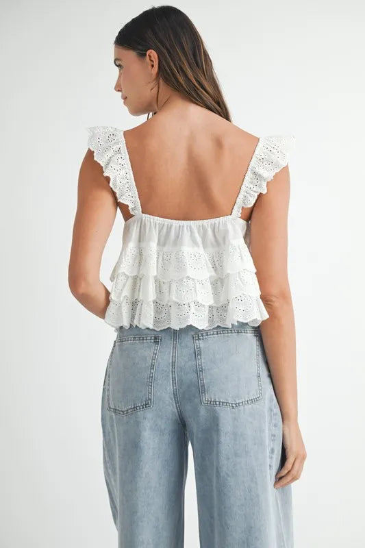 MABLE Eyelet Embroidered Front Tie Ruffle Top - Premium Women / Jeans & Denim from Trendsi - Just $53.84! Shop now at Handbags Specialist Headquarter