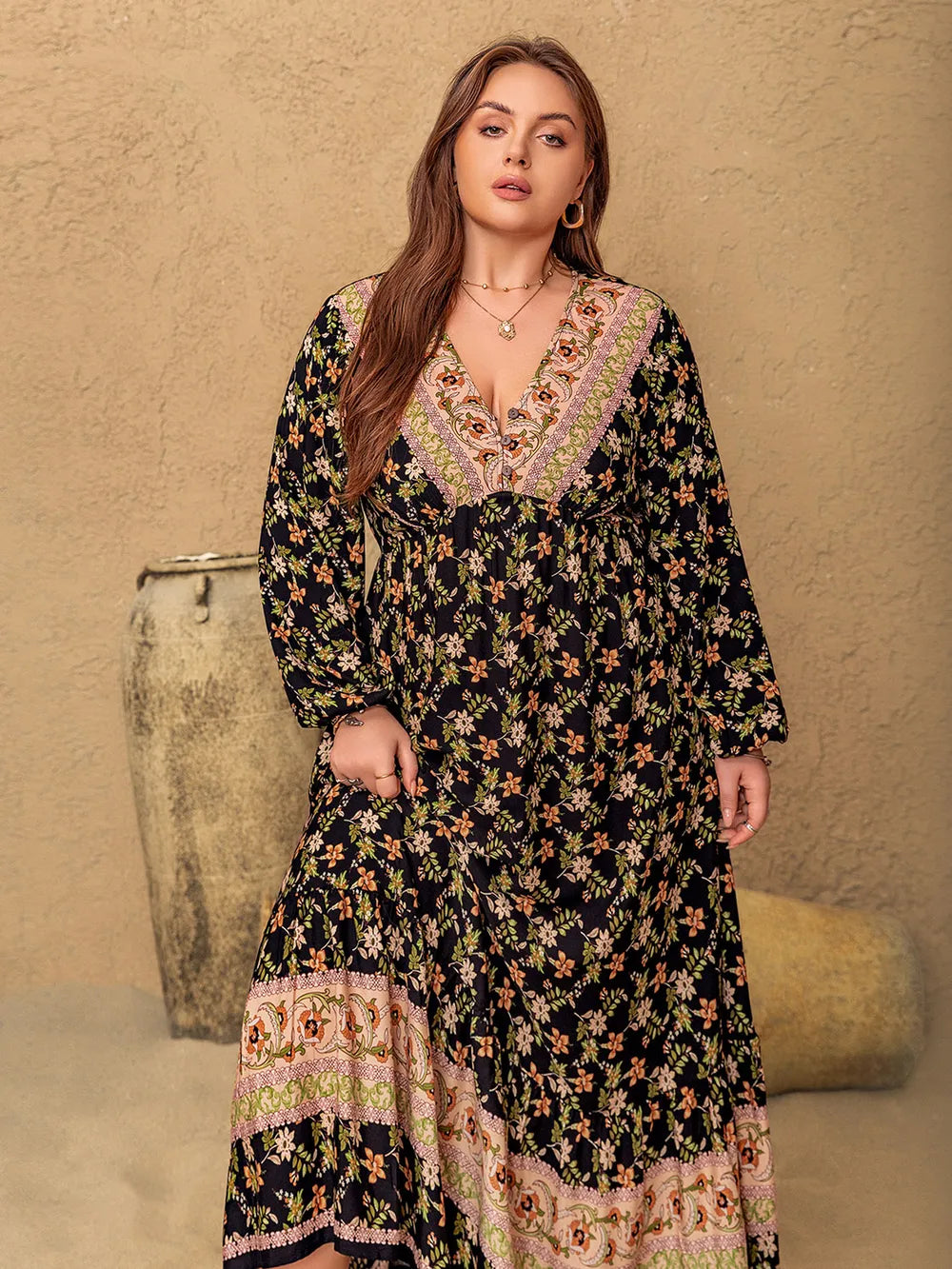 Plus Size Floral V-Neck Balloon Sleeve Dress - Premium Dresses from Trendsi - Just $45.99! Shop now at Handbags Specialist Headquarter