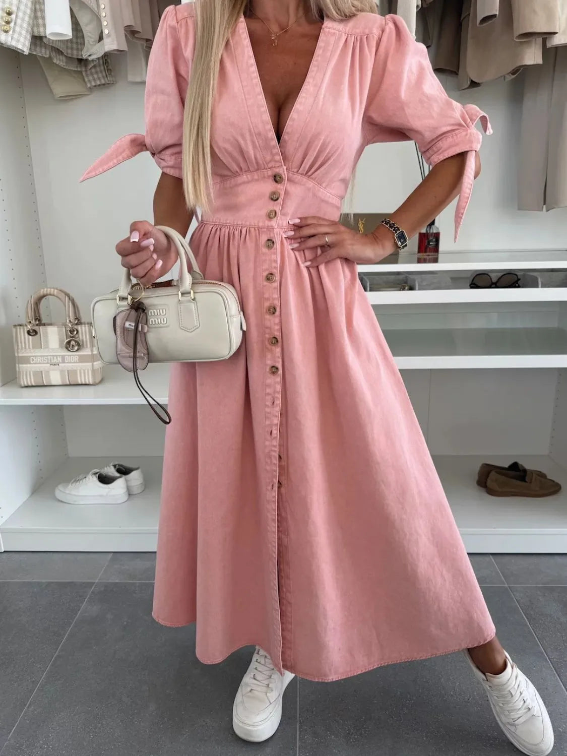 Button Front V-Neck Half Sleeve Denim Dress - Premium Women / Jeans & Denim from Trendsi - Just $53.68! Shop now at Handbags Specialist Headquarter
