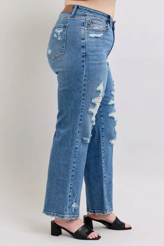 Judy Blue Full Size High Waist Heavy Destroy Straight Jeans Plus Size - Premium Women / Jeans & Denim from Trendsi - Just $62.99! Shop now at Handbags Specialist Headquarter