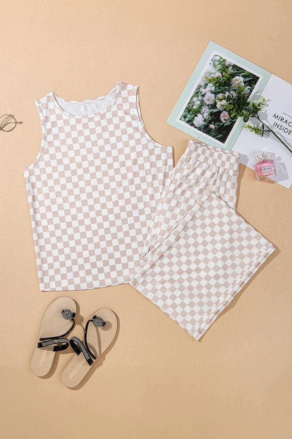 Ribbed Texture Checkered Print Tank and Pants Set - Premium Sleepwear from Trendsi - Just $39.99! Shop now at Handbags Specialist Headquarter