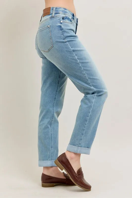 Judy Blue Full Size V-Front Cuff Boyfriend Jeans Plus Size - Premium Women / Jeans & Denim from Trendsi - Just $58.99! Shop now at Handbags Specialist Headquarter