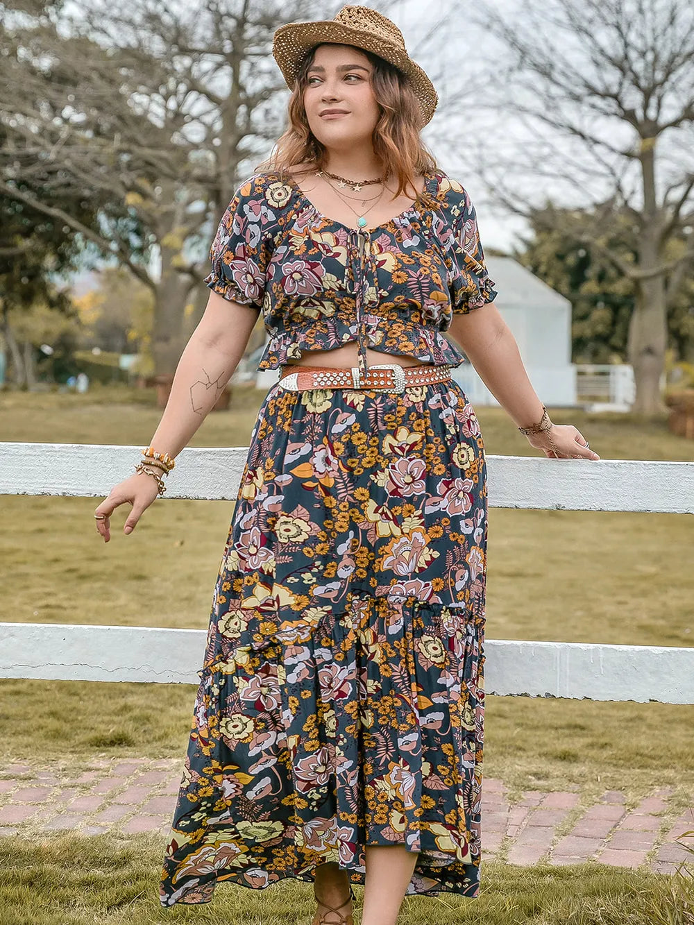 Plus Size Tie Neck Short Sleeve Top and Skirt Set - Premium from Trendsi - Just $50.99! Shop now at Handbags Specialist Headquarter
