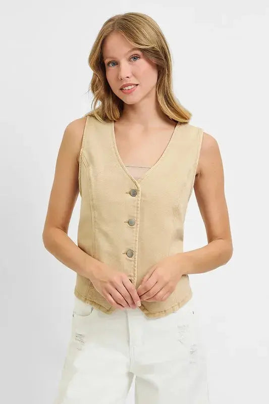 RISEN Plus Size V Neck Button Down Vest.