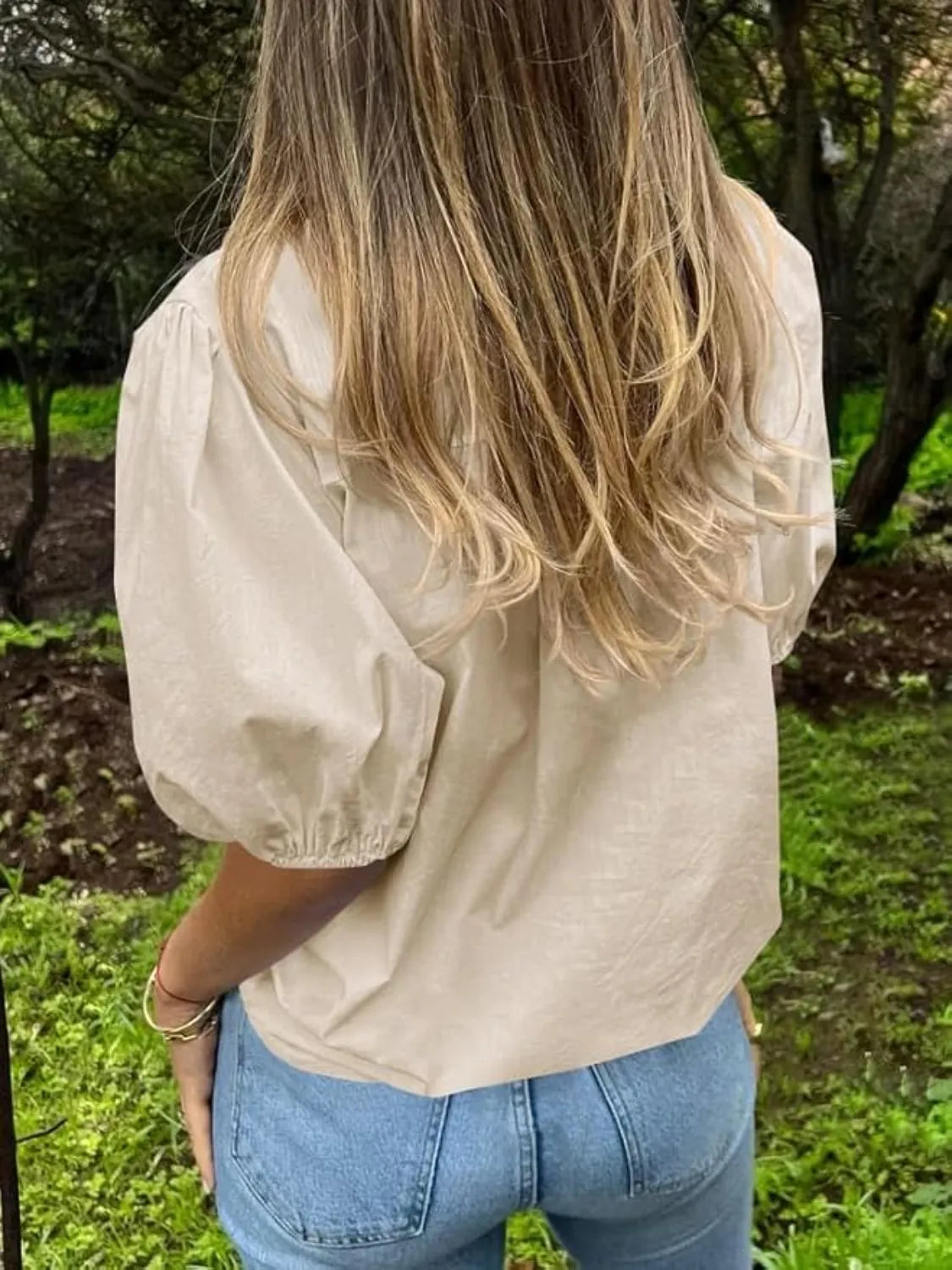 Button Down Puff Sleeve Shirt - Premium Women's Down Shirt Tops from Trendsi - Just $27.74! Shop now at Handbags Specialist Headquarter