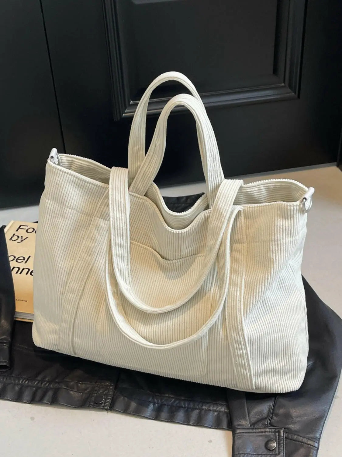 Corduroy Solid Large Tote Bag - Premium Tote Bag from Trendsi - Just $28.48! Shop now at Handbags Specialist Headquarter