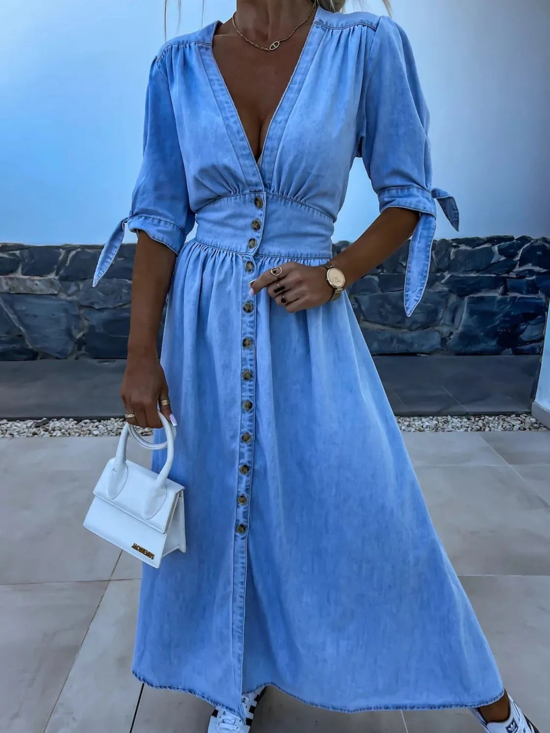 Button Front V-Neck Half Sleeve Denim Dress - Premium Women / Jeans & Denim from Trendsi - Just $53.68! Shop now at Handbags Specialist Headquarter