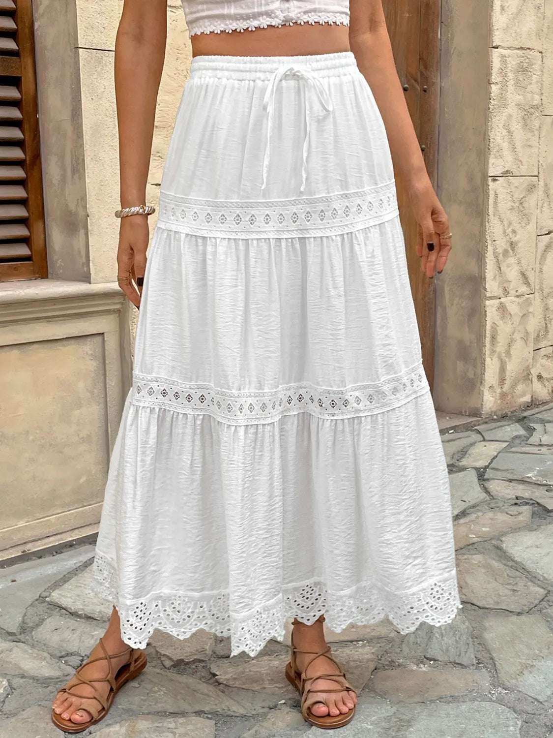 Lace Detail Elastic Waist Skirt - Premium Skirts from Trendsi - Just $48.99! Shop now at Handbags Specialist Headquarter