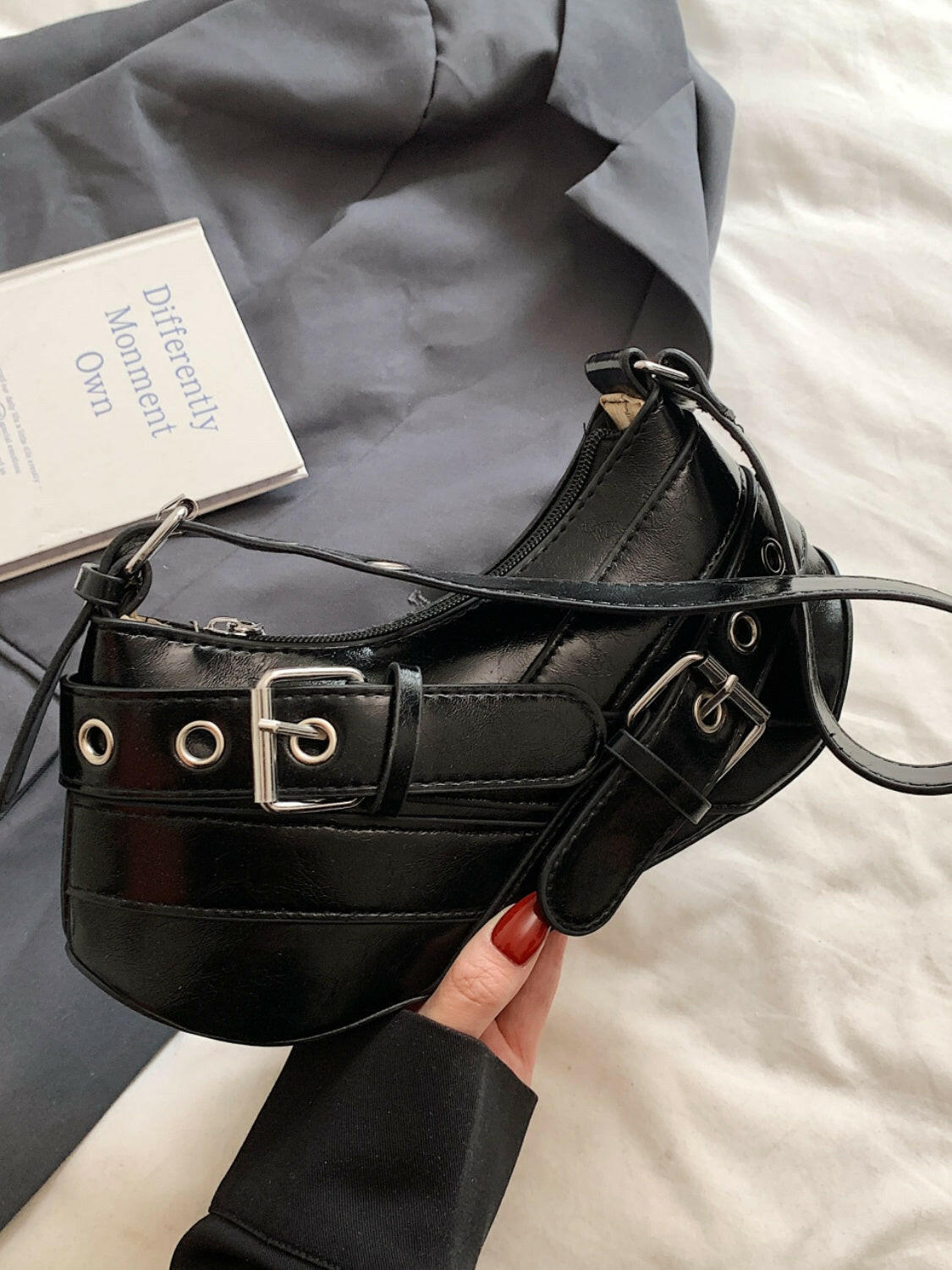 PU Leather Buckle Shoulder Bag.