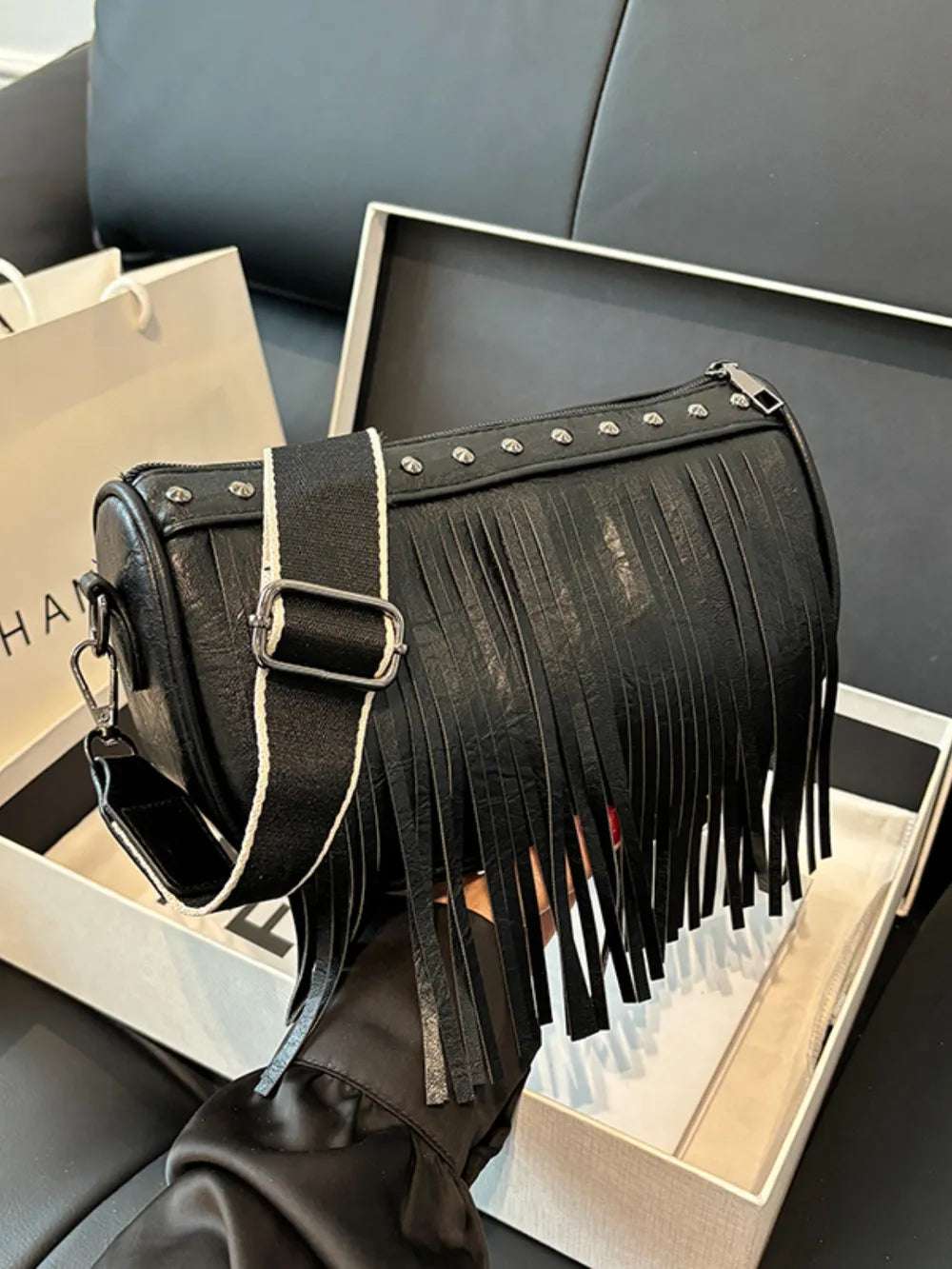 PU Leather Fringe Studded Crossbody Bag - Premium Crossbody Bag from Trendsi - Just $29.99! Shop now at Handbags Specialist Headquarter