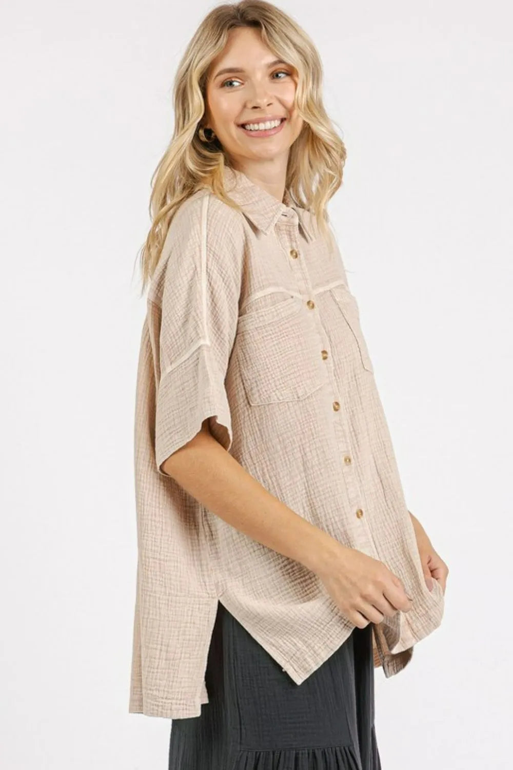 Mittoshop Mineral Wash Gauze Oversized Short Sleeve Shirt - Premium Women / Jeans & Denim from Trendsi - Just $50.74! Shop now at Handbags Specialist Headquarter