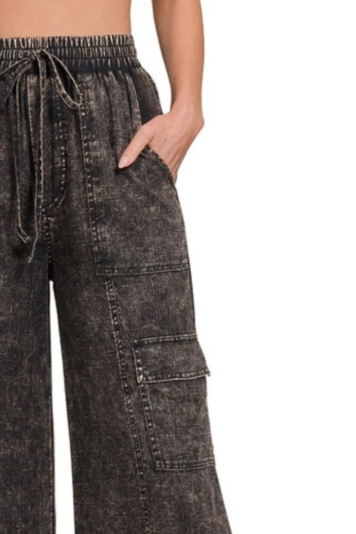 Zenana Washed Linen Elastic Band Waist Cargo Pants - Premium Women Pants from Trendsi - Just $42.99! Shop now at Handbags Specialist Headquarter