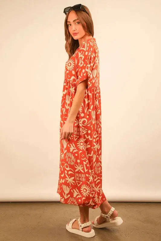 VERY J Plus Size Oversized Printed Shirt Midi Dress.