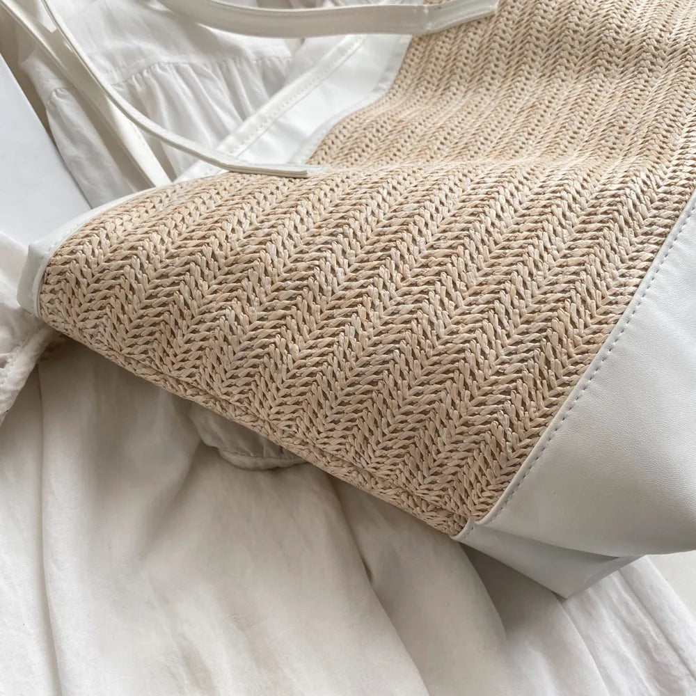 Straw Weave Leather Strap Tote Bag - Premium Tote Bag from Trendsi - Just $39.99! Shop now at Handbags Specialist Headquarter