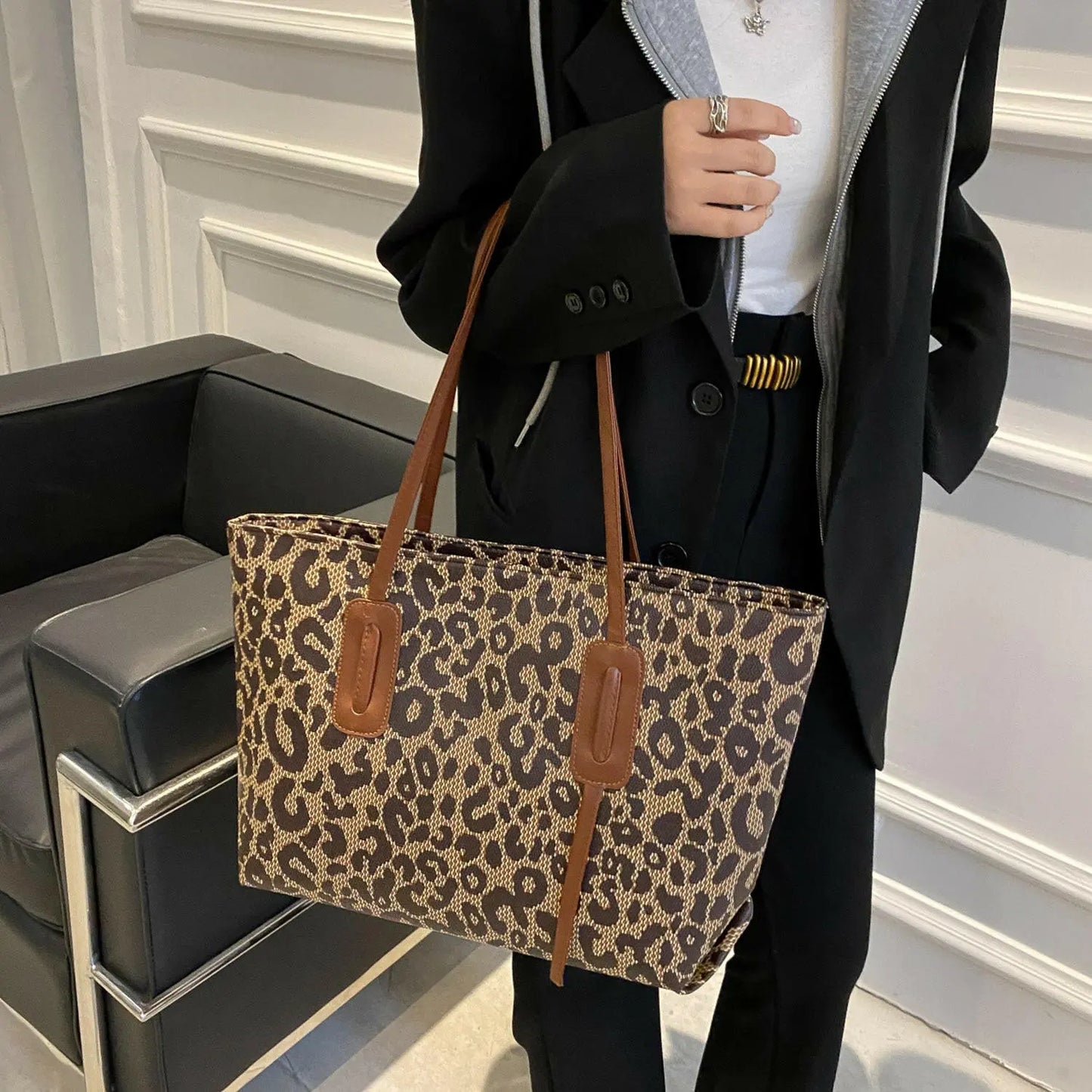 PU Leather Leopard Tote Bag.