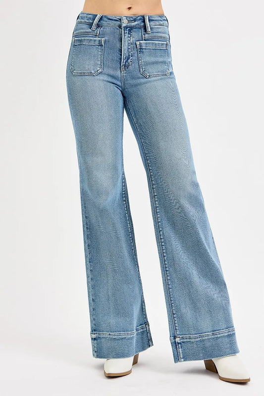 RISEN Full Size High Rise Wide Flare Patch Pocket Jeans Plus Size - Premium Women / Jeans & Denim from Trendsi - Just $66.99! Shop now at Handbags Specialist Headquarter