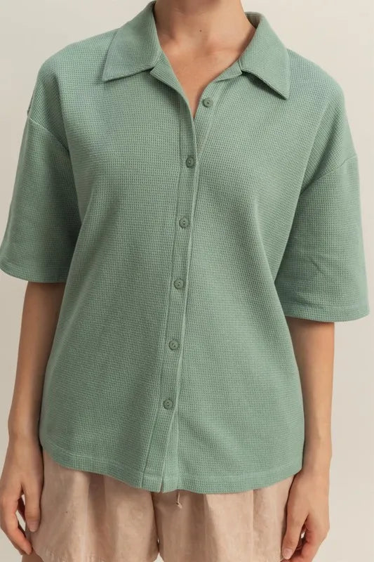 HYFVE Collared Neck Button Down Waffle Shirt - Premium Women's Down Shirt Tops from Trendsi - Just $35.56! Shop now at Handbags Specialist Headquarter