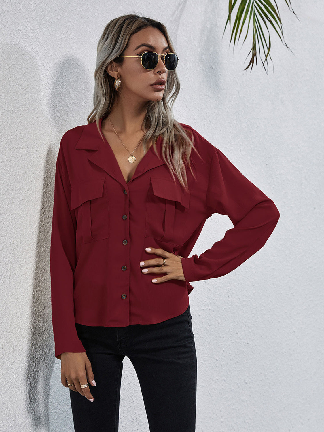 Collared Neck Button Down Shirt - Premium Women's Down Shirt Tops from Trendsi - Just $27! Shop now at Handbags Specialist Headquarter