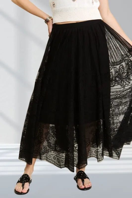 ADORA Elastic Waist Raw Hem Lace Maxi Skirt - Premium Skirts from Trendsi - Just $36.99! Shop now at Handbags Specialist Headquarter