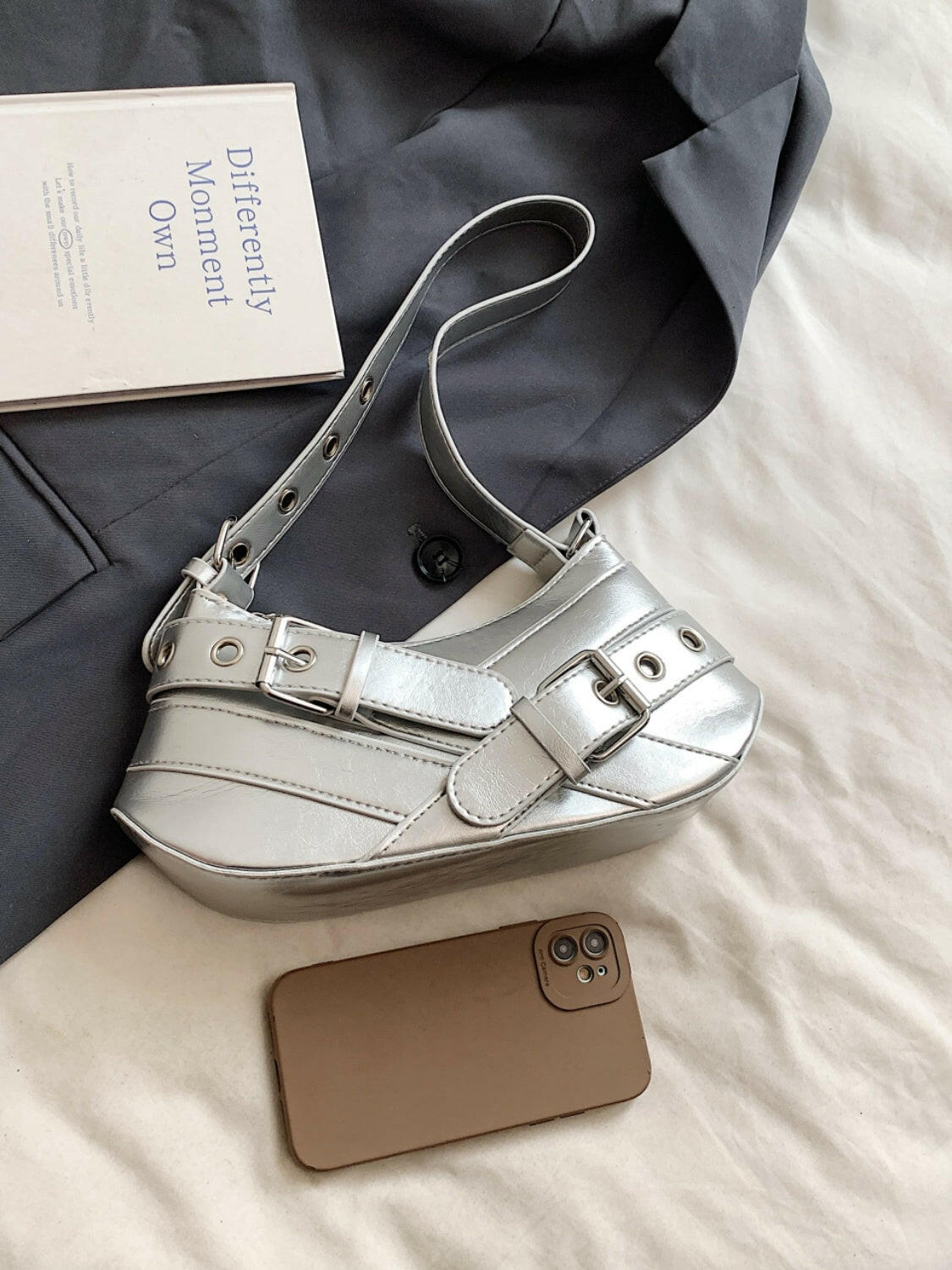 PU Leather Buckle Shoulder Bag.