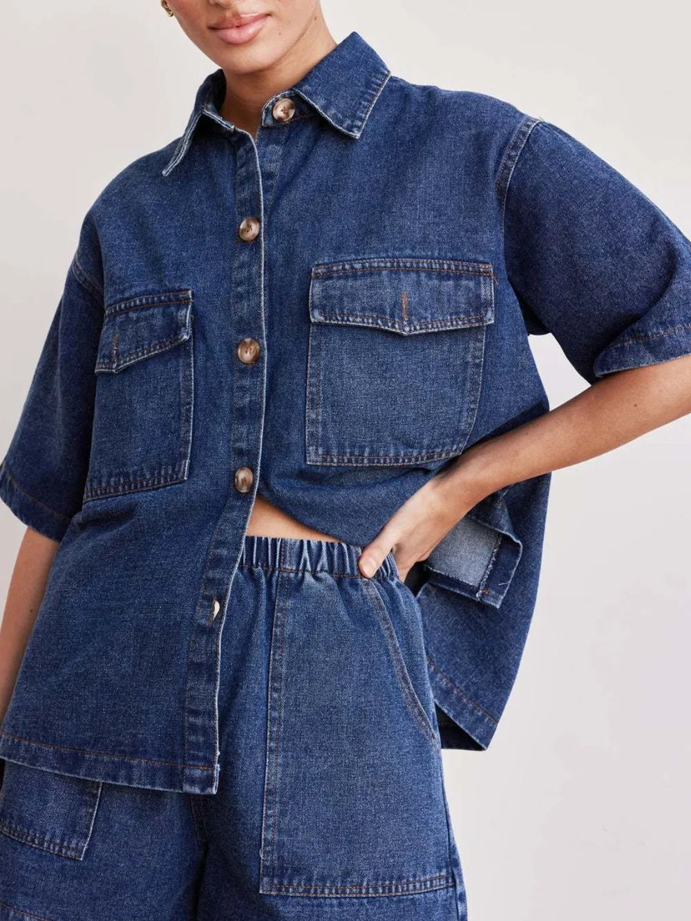 Button Up Half Sleeve Denim Shirt - Premium Women / Jeans & Denim from Trendsi - Just $34.56! Shop now at Handbags Specialist Headquarter