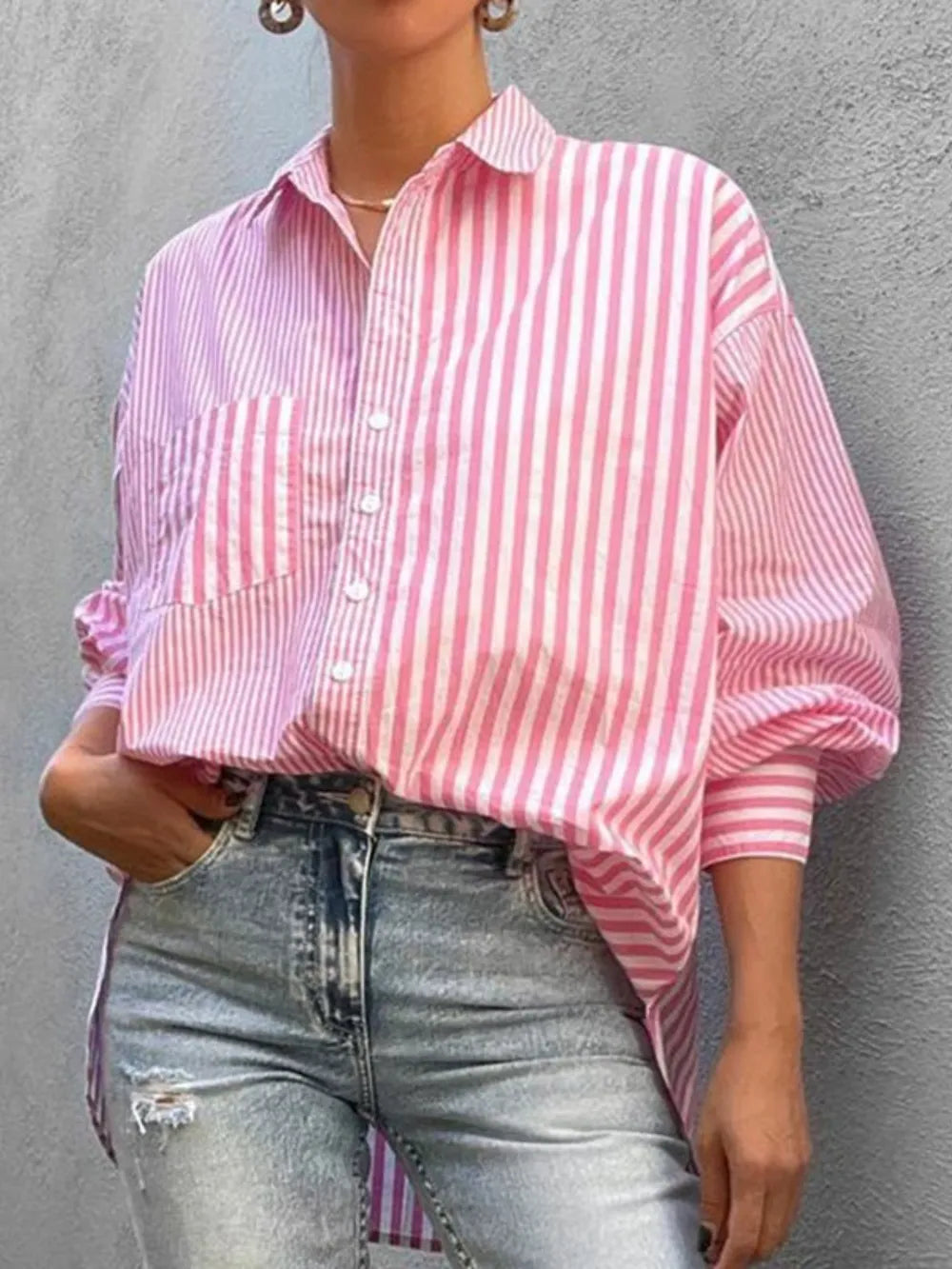 Striped Button Down Long Sleeve Shirt - Premium Women's Down Shirt Tops from Trendsi - Just $26.26! Shop now at Handbags Specialist Headquarter