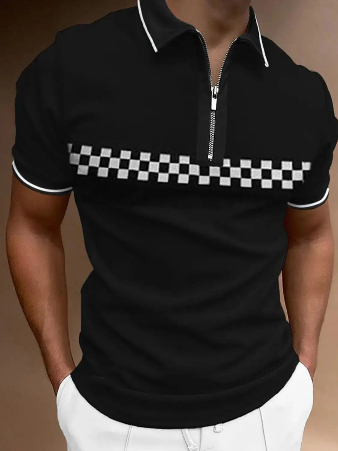 Men's Full Size Checkered Collared Neck Short Sleeve Polo Plus Size.