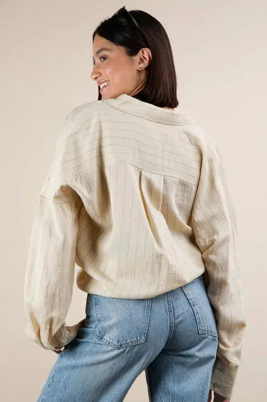 VERY J Plus Size Oversized Striped Button Down Shirt Top.