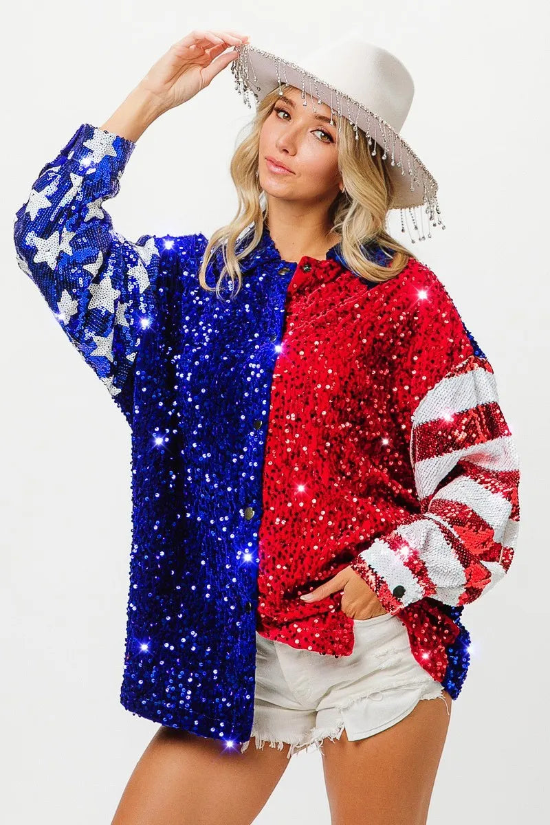 BiBi American Flag Sequin Snap Down Shirt - Premium Women / Jeans & Denim from Trendsi - Just $64.30! Shop now at Handbags Specialist Headquarter