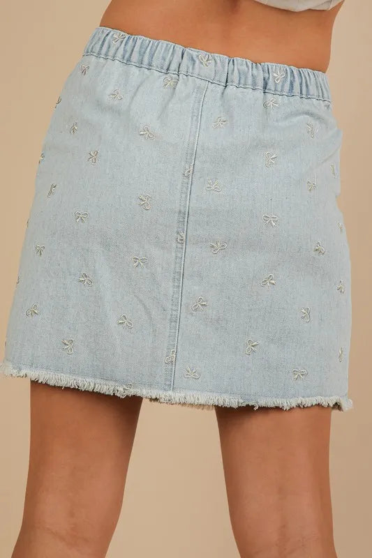 VERY J Bow Printed Casual Denim Mini Skirt - Premium Women / Jeans & Denim from Trendsi - Just $38.88! Shop now at Handbags Specialist Headquarter