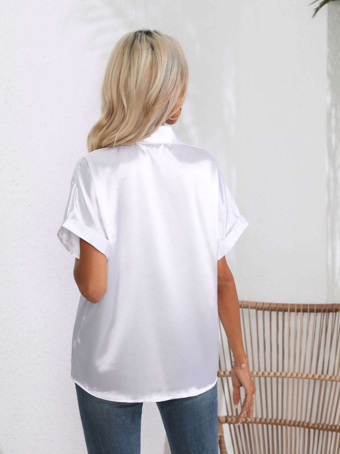 Button Down Collared Neck Short Sleeve Satin Shirt - Premium Women / Tops from Trendsi - Just $18.76! Shop now at Handbags Specialist Headquarter