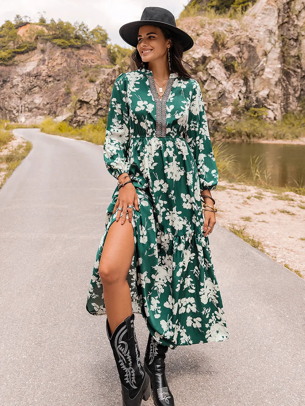 Printed Notched Neck Maxi Dress - Premium Maxi Dress from Trendsi - Just $49.99! Shop now at Handbags Specialist Headquarter