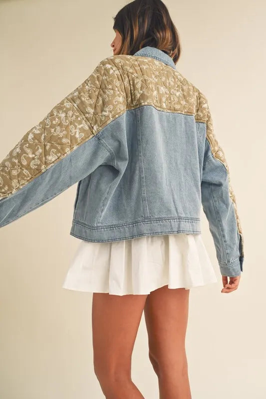 MABLE Quilted Paisley Print Contrast Denim Jacket - Premium Women / Jeans & Denim from Trendsi - Just $71.56! Shop now at Handbags Specialist Headquarter