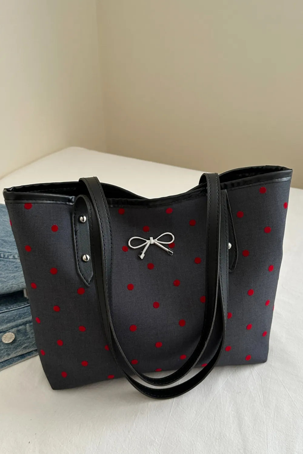 Bow Trim Polyester Tote Bag - Premium Tote Bag from Trendsi - Just $39.99! Shop now at Handbags Specialist Headquarter