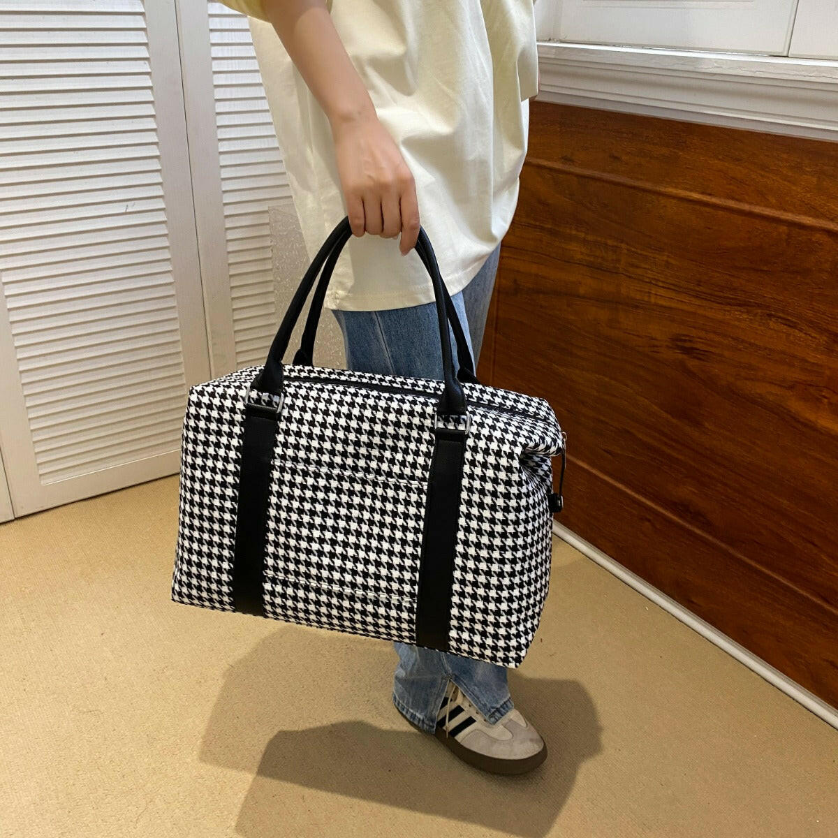 Houndstooth Canvas Travel Bag - Premium Luggage Travel Bags from Trendsi - Just $30.28! Shop now at Handbags Specialist Headquarter