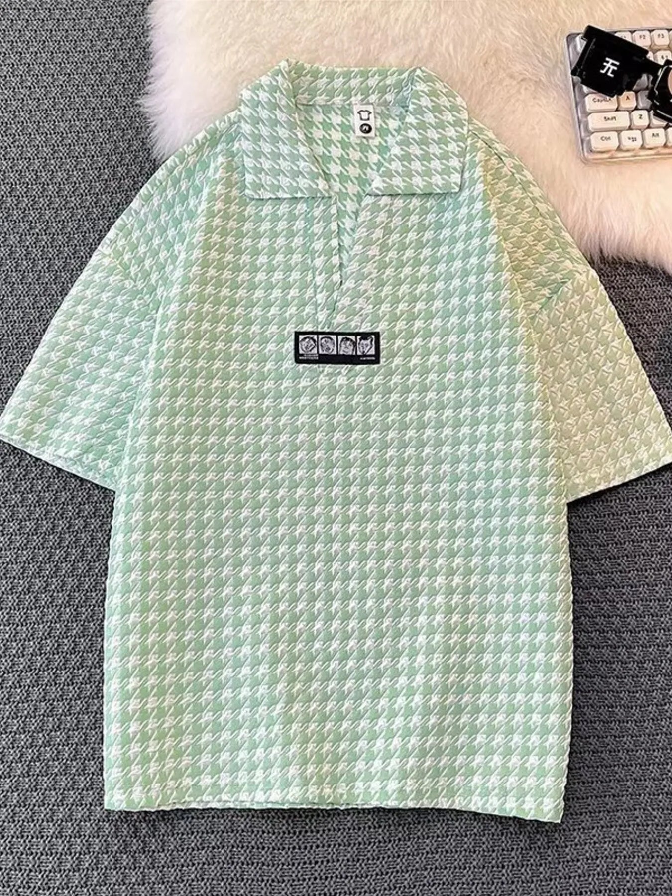 Men's Plus Size Houndstooth Pattern Short Sleeve Polo Shirt - Premium Men's Polo shirt from Trendsi - Just $22.99! Shop now at Handbags Specialist Headquarter