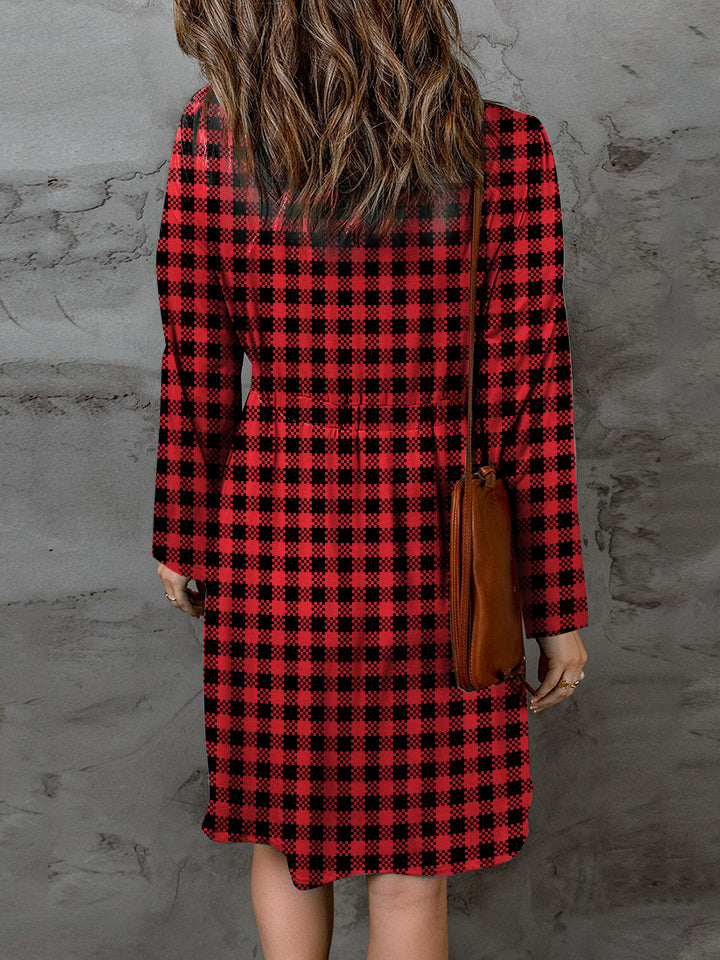 Double Take Full Size Plaid Round Neck Long Sleeve Magic Dress - Premium Dresses from Trendsi - Just $16.99! Shop now at Handbags Specialist Headquarter