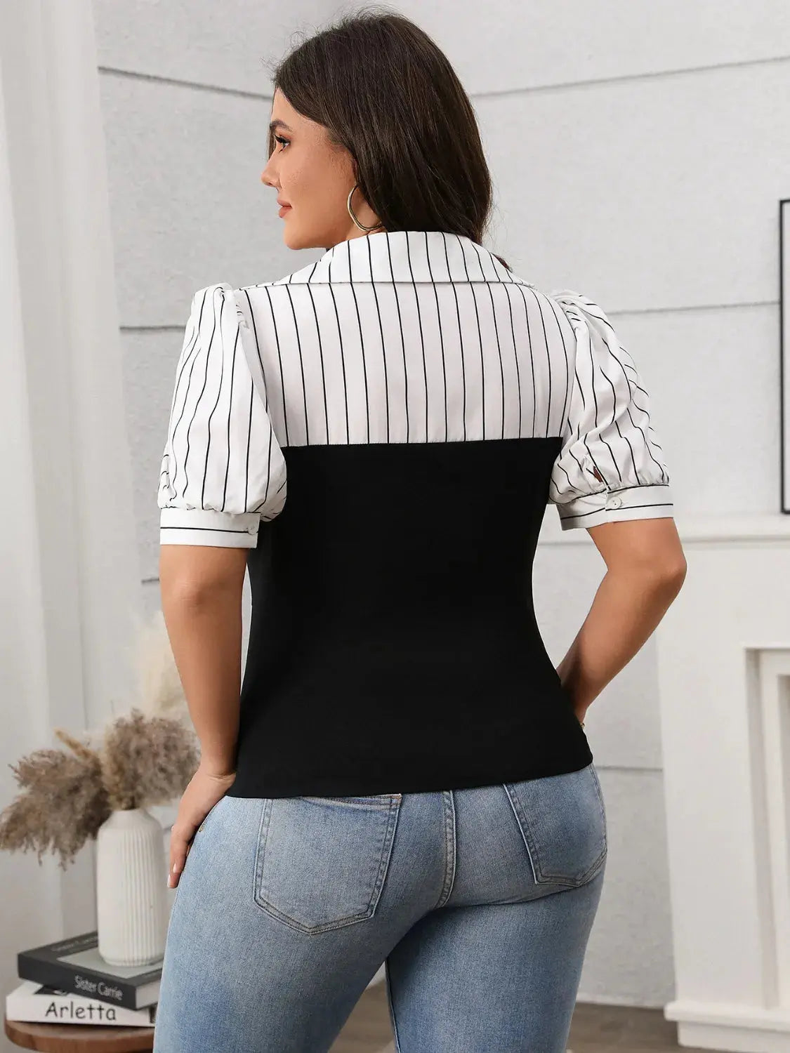 Plus Size Striped Johnny Collar Short Sleeve Blouse.