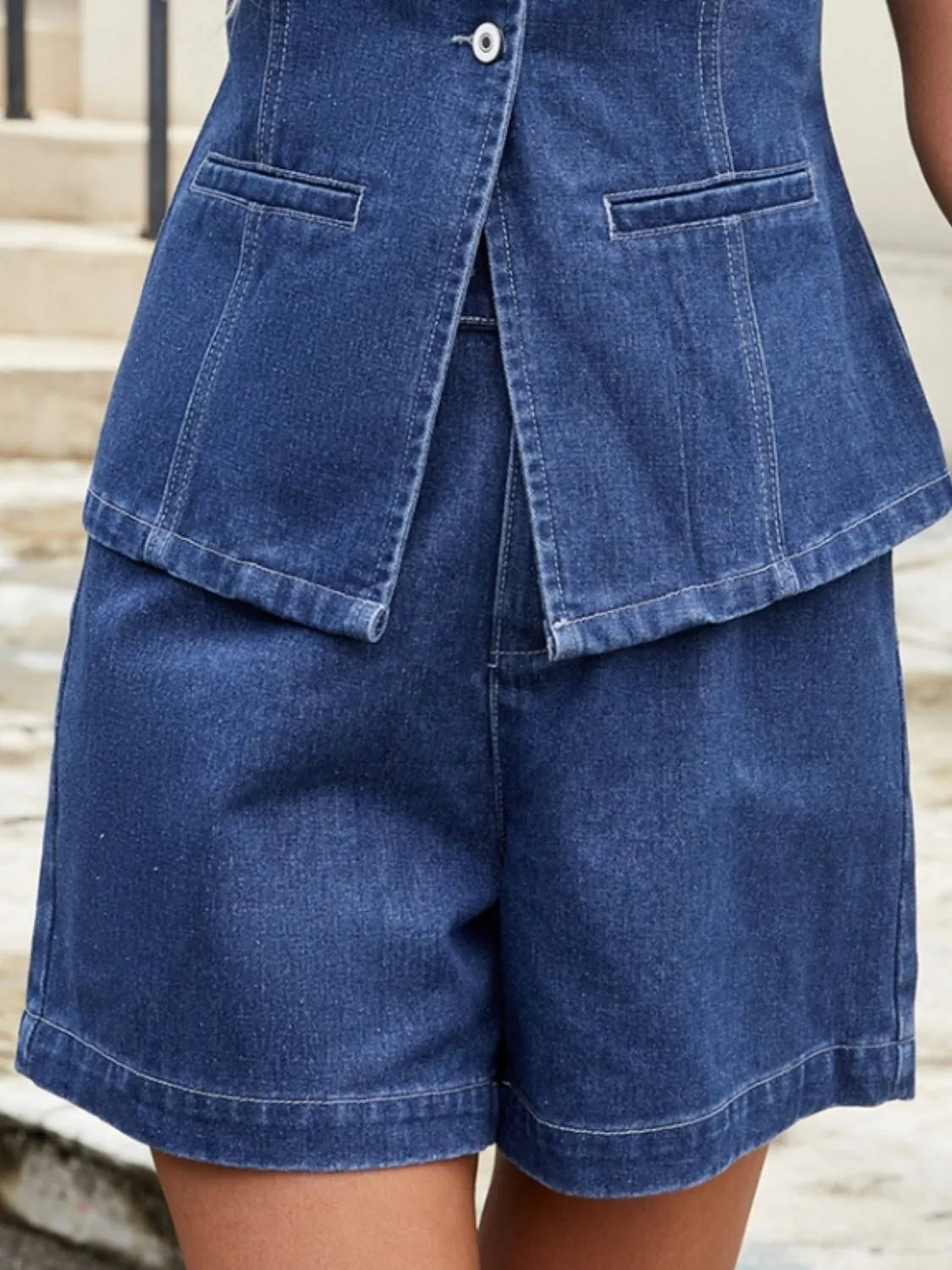 Button Down Vest and Shorts Denim Set - Premium Women / Jeans & Denim from Trendsi - Just $24.62! Shop now at Handbags Specialist Headquarter