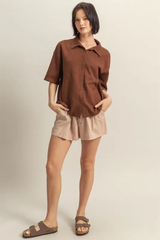 HYFVE Collared Neck Button Down Waffle Shirt - Premium Women / Tops from Trendsi - Just $35.56! Shop now at Handbags Specialist Headquarter